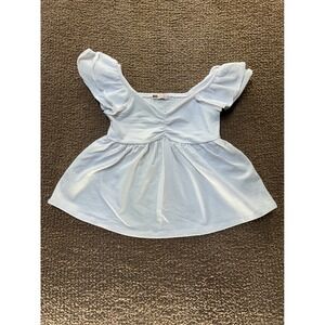 SO Goods For Life White Seersucker Ruffle Sleeve Smocked Peplum Top Womens M